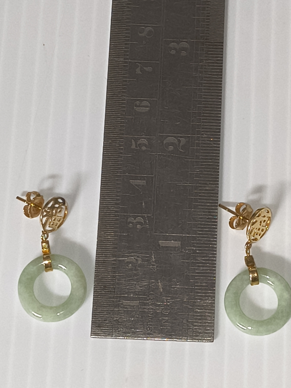 Vintage 14K Gold Green Jade Donut Drop Earrings Chinese Fu Symbol Dangle 1.25"